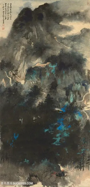 张大千手绘水墨山脉高清装饰画 张大千手绘水墨山脉高清装饰画