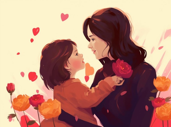 母亲节妈妈拥抱着孩子花海手绘插画素材海报背景(1264x944)