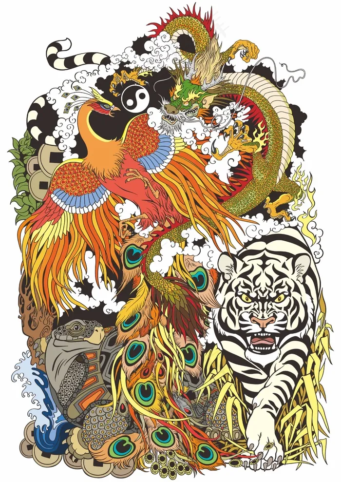 中国风元素 朱雀青龙 白虎玄武cdr矢量模版下载