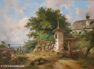 高清农家小院风景与村民油画图片