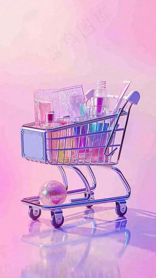 粉紫绚丽购物车采购电商美妆时尚，3D推车