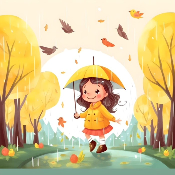 春天下雨天小女孩拿着雨伞在森林里漫步绿色黄色手绘插画海报素材背景