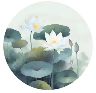 莲花荷花水墨圆框画免抠