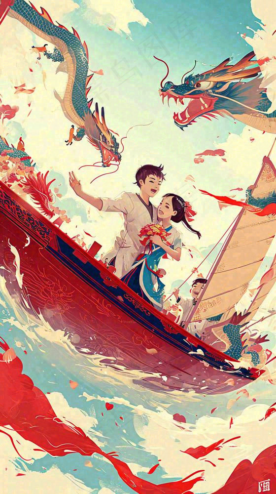 海面上龙船开船手绘插画，孩子人物，蓝天白云古风(816x1456)