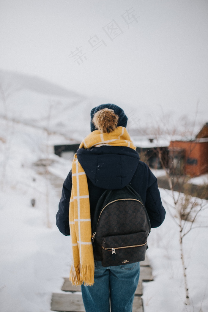 美女雪地上行走背影图片