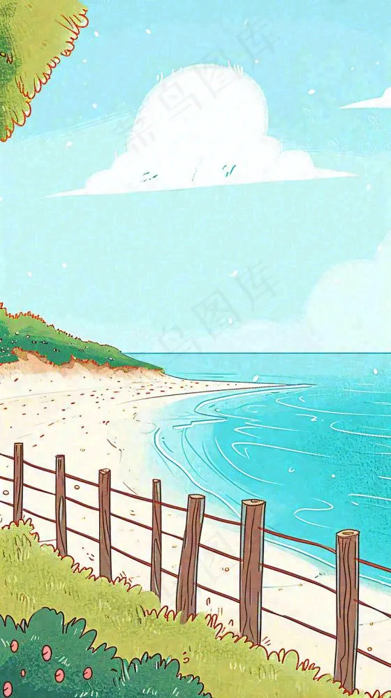 海边沙滩玩耍旅行夏日假期游玩手绘插画，可爱清新，夏至小暑大暑(816x1456)