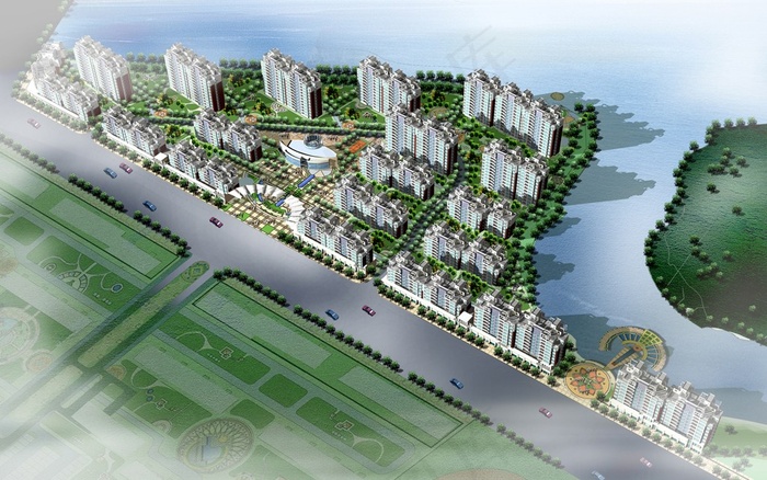 河道包围的小区鸟瞰图