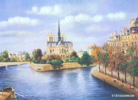 公园湖畔建筑油画风景画