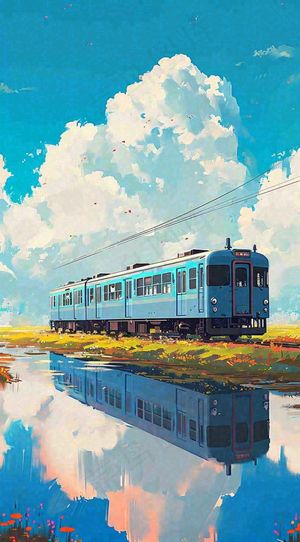 蓝天白云下草地河流高铁火车铁路手绘插画