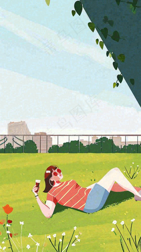 城市阳光蓝天白云人物在草地风景手绘插画，休闲(816x1456)