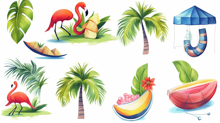 夏日炎热热带植物海边元素卡通插画(x)