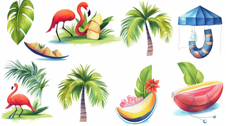 夏日炎热热带植物海边元素卡通插画