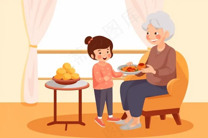奶奶孙女品尝美食陪伴欢乐插画素材背景(1344x896)