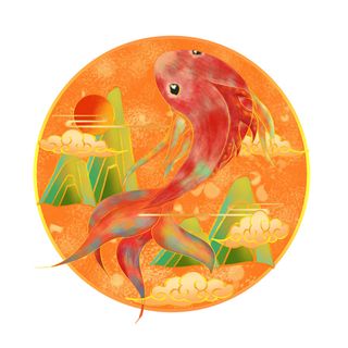 手绘国潮古风喜庆铜钱锦鲤鱼金鱼荷花插画场景装饰PSD设计素