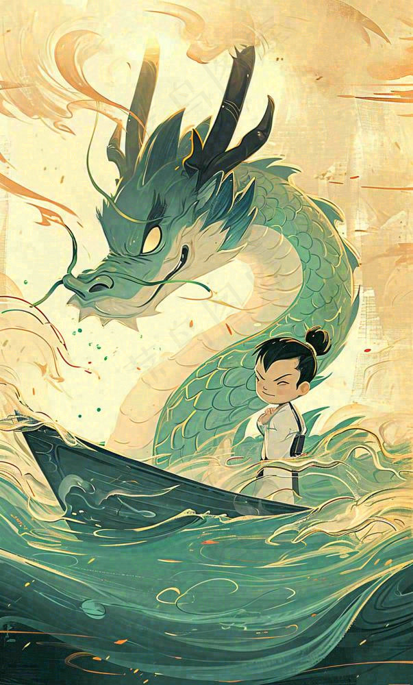 国风龙神话传说海面船只中国风插画(832x1378)