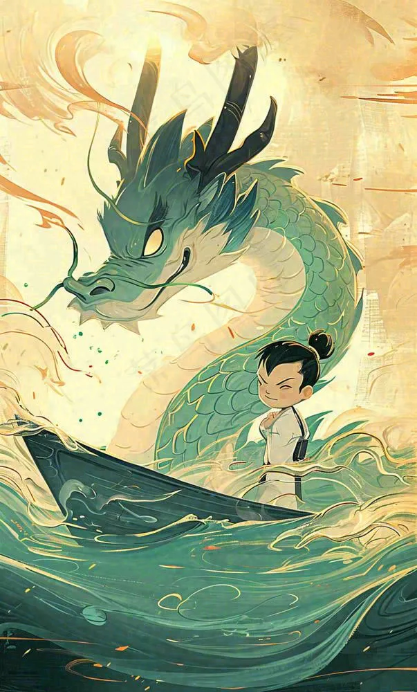 国风龙神话传说海面船只中国风插画(832x1378)