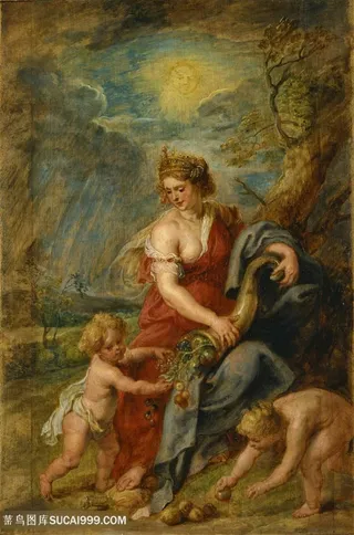 鲁本斯油画大树下母子装饰画