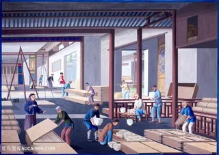 古代瓷器仓库集市贸易场景绘画图片