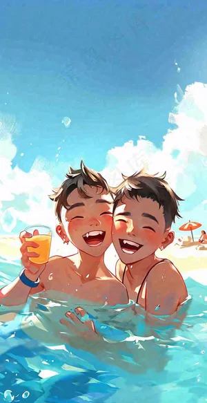 夏天父子游泳泳池蓝天白云清新手绘插画