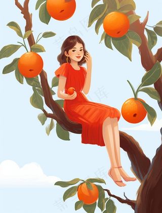 女孩少女坐着橘子树上可爱卡通插画素材背景
