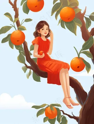 女孩少女坐着橘子树上可爱卡通插画素材背景