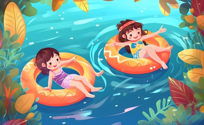 夏日游泳游泳圈玩水插画背景(5632x3456)