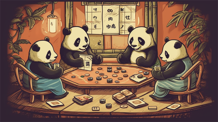 熊猫打牌插画