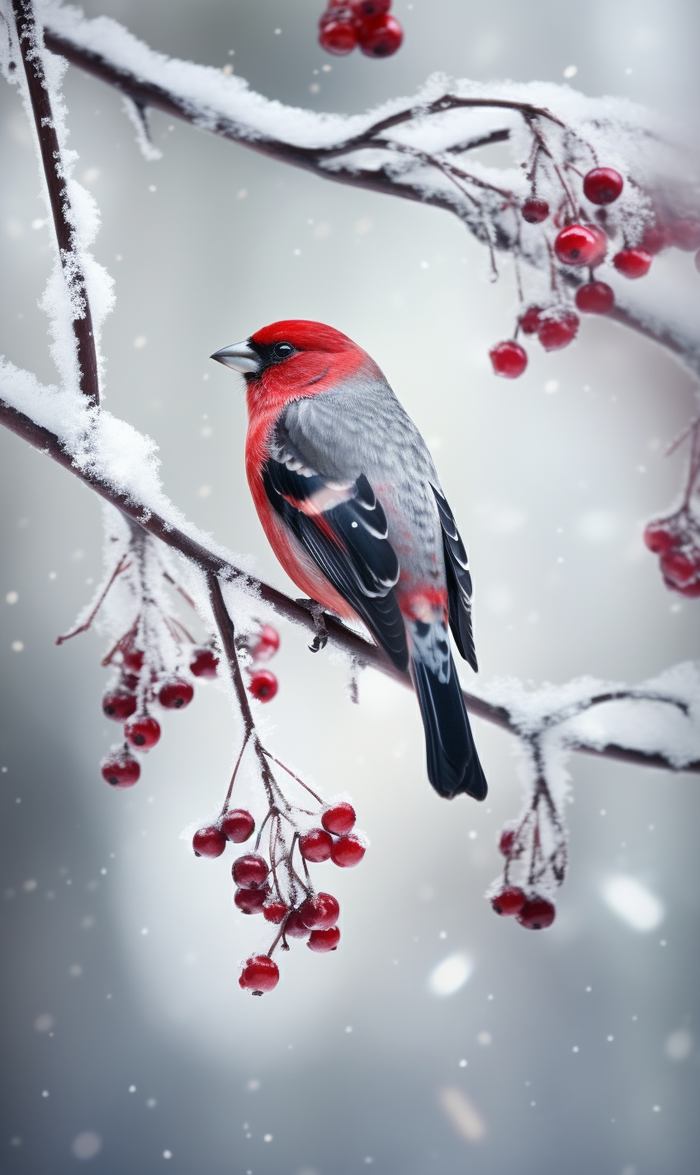 冬日下雪天小鸟站在红色果子枝条上摄影图