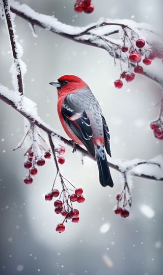 冬日下雪天小鸟站在红色果子枝条上摄影图