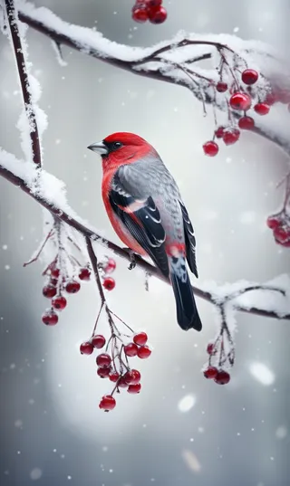 冬日下雪天小鸟站在红色果子枝条上摄影图