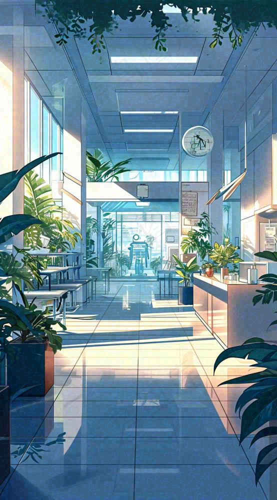 夏天明媚的阳光洒进办公室绿色的植物在办公室走廊上，线性插画手绘(816x1472)