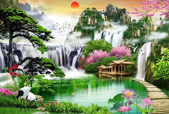 清新流水生财木房仙鹤风景psd模版下载