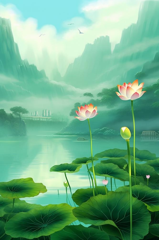 简约大气意境绿色荷花背景