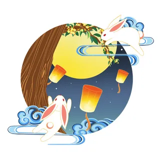 中秋节桂树兔子云朵孔明灯元素素材 中秋节桂树兔子云朵孔明灯元素素材