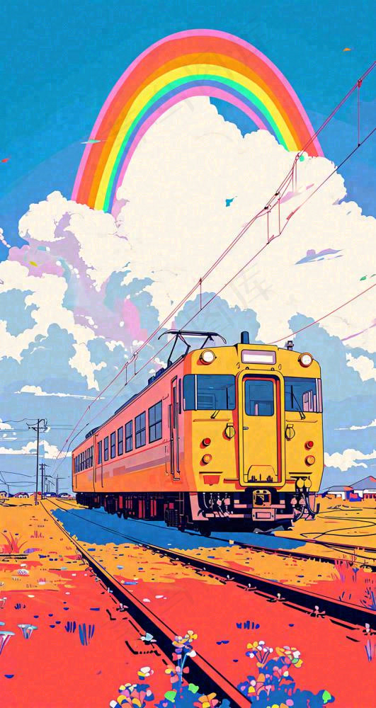 彩色绚丽彩虹蓝天白云铁路火车动车手绘插画(800x1504)