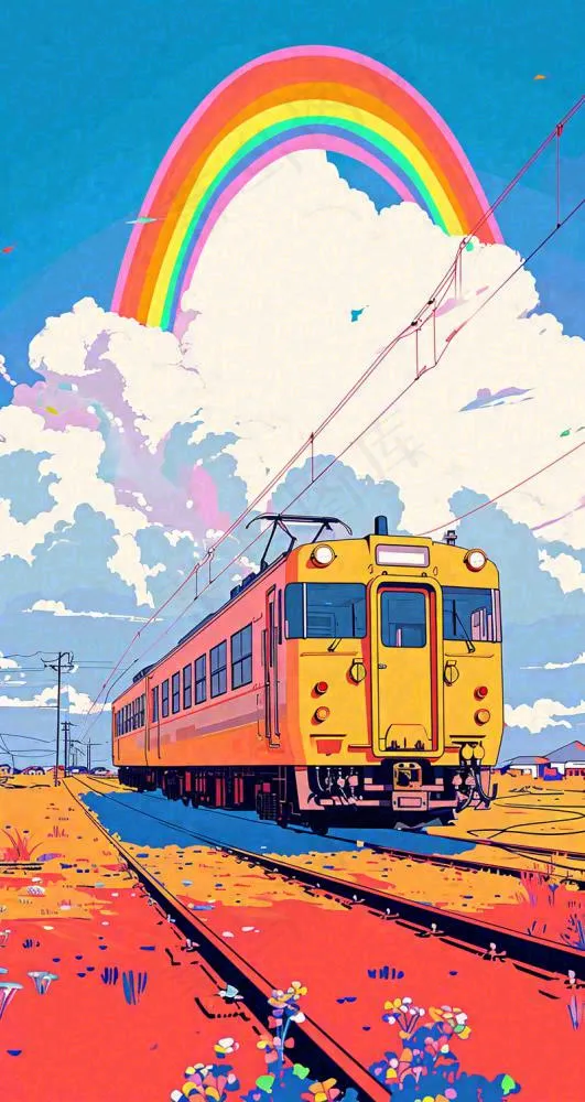 彩色绚丽彩虹蓝天白云铁路火车动车手绘插画(800x1504)