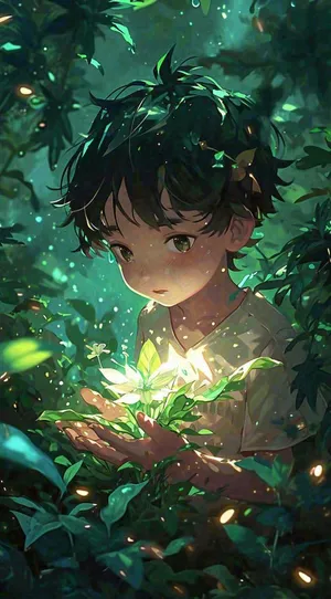 森林探险阳光绿叶男孩儿童，玩耍光照，插画手绘