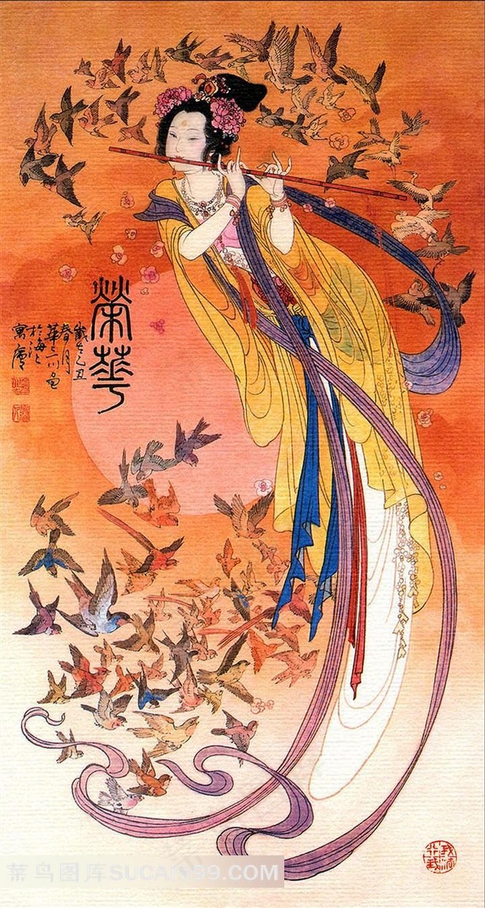 古代仕女吹笛子绘画高清图片