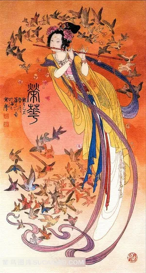 古代仕女吹笛子绘画高清图片