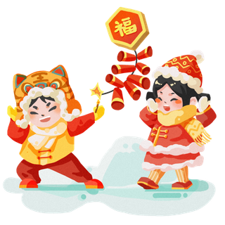 虎年新年场景套图放鞭炮手绘小清新