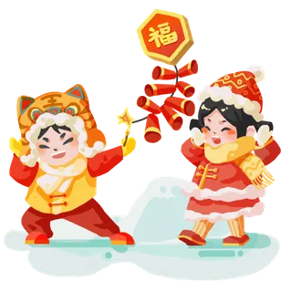 虎年新年场景套图放鞭炮手绘小清新