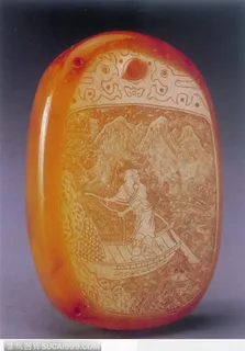 中华传统玉器-褐色的老人划船玉器 中华传统玉器-褐色的老人划船玉器