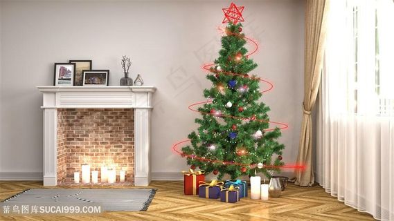 窗边圣诞树庆祝家居装饰高清图