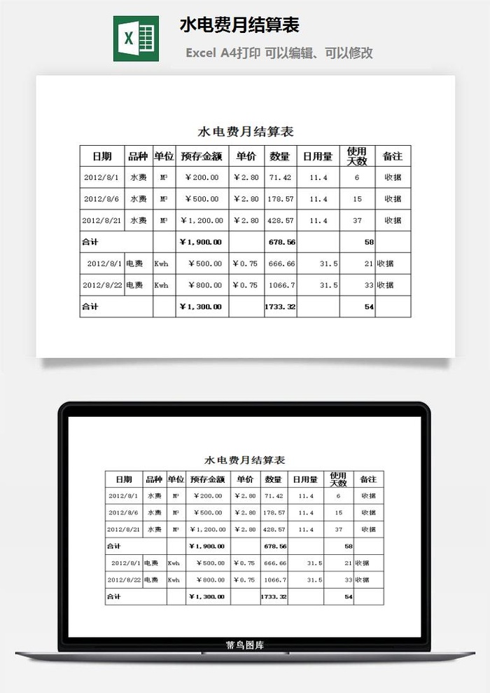 水电费月结算表excel模板