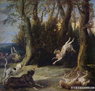 树林动物油画风景画油画图片