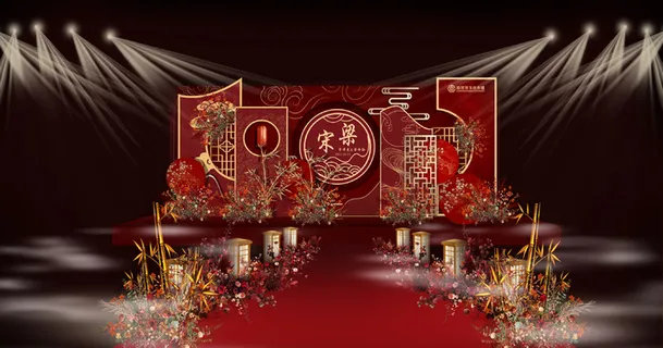 红色中式复古舞台效果图
