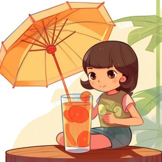 遮阳伞下的女孩喝饮料插画免抠