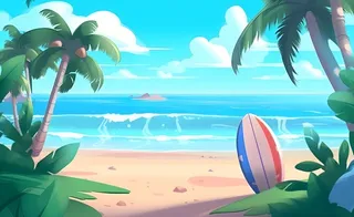 海边度假沙滩椰树冲浪天空插画背景