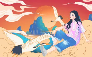 仙鹤女孩国潮绘画PSD素材