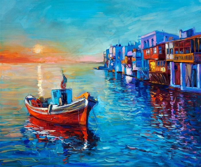 美丽的海上木船油画图片素材
